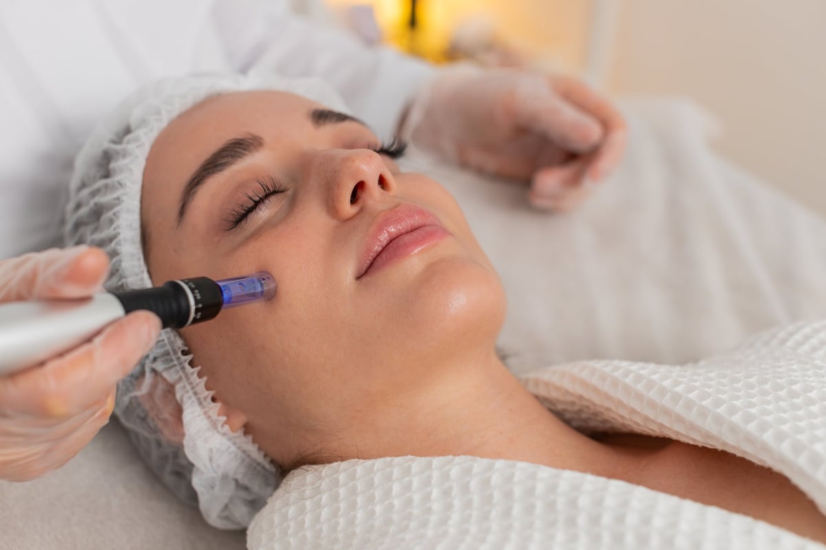 Peeling, woman health care, skin regeneration, dermapen microneedling, dermastamp. Beautician cosmetologist doing forehead face procedure fractional microneedle mesotherapy clinic facial rejuvenation