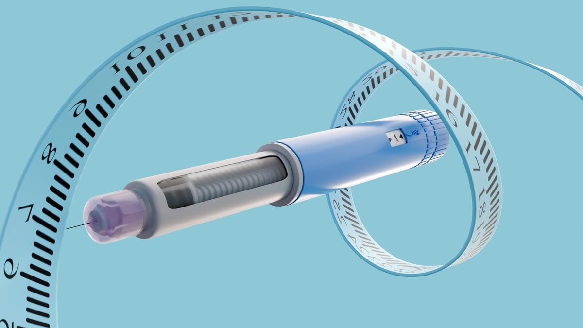 3D rendering of a GLP-1 agonist injector pen, a weight loss medication, with a medical measuring tape or ruler spiraling dynamically around its form