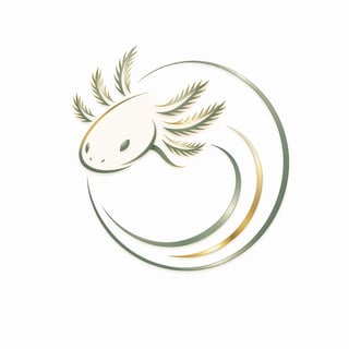 Stylized illustration of an axolotl with feathery gills, curled inside a circular spiral of muted green and gold lines